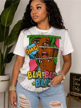 Brisco Pop Art Comic Graphic Tee - White with Green & Pink